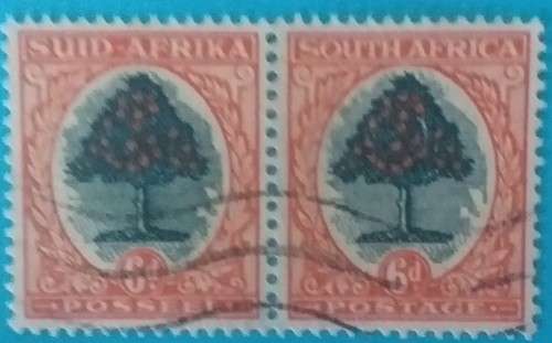UNION 6d GREEN & ORANGE USED 1940s PAIR VARIETY V1 SCRATCH IN TREE AT TOP RIGHT 2/5