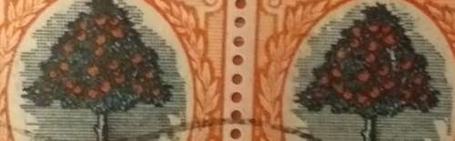 UNION 6d GREEN & ORANGE USED 1940s PAIR VARIETY V1 SCRATCH IN TREE AT TOP RIGHT 2/5