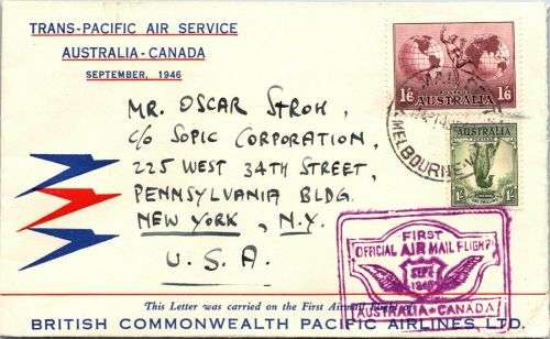FIRST TRANS-PACIFIC AIR SERVICE AUSTRALIA-CANADA SEPTEMBER 1946 -SCARCE.