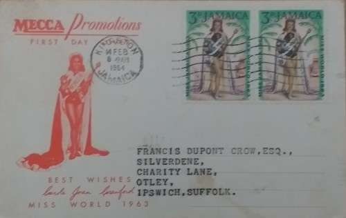 JAMAICA FDC 1 YEAR ANNIVERSARY OF FIRST MISS WORLD WINNER CAROLE CRAWFORD