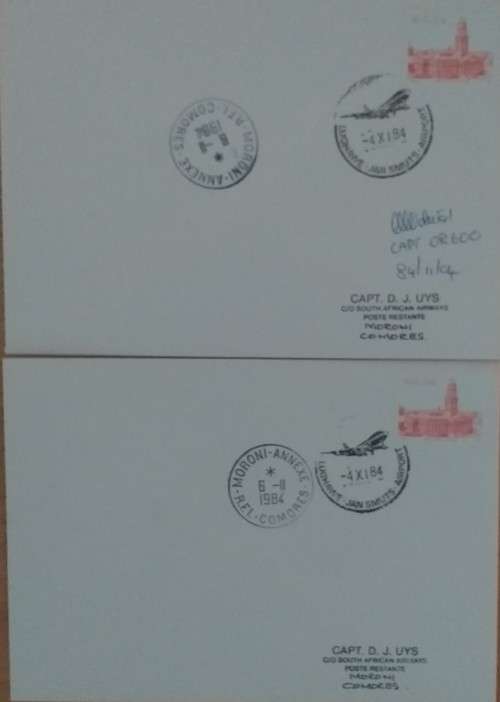 COMORES FIRST FLIGHT JAN SMUTS-COM0RES  1984 SIGNED BY PILOT andUNSIGNED -SCARCE