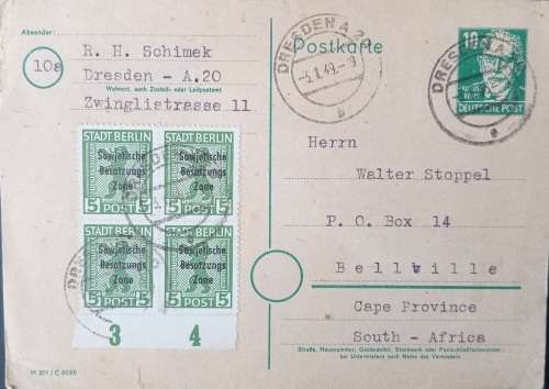 GERMANY POST CARD 1949-DRESDEN -CAPE PROVINCE WITH NUMBERED BLOCK OF 4
