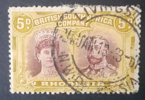 BRITISH RHODESIA 1910 DOUBLE HEAD 5d USED