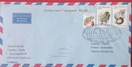 QANTAS INAUGURAL FLIGHT SYDNEY-PARIS DATED 5/6/75..BACK STAMPED 6/6/75