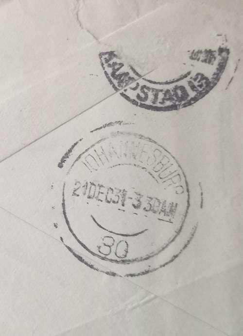 SOUTHERN RHODESIA EXPERIMENTAL FLIGHT 1931 TO ENGLAND BACK STAMPED JHB 21/12/31
