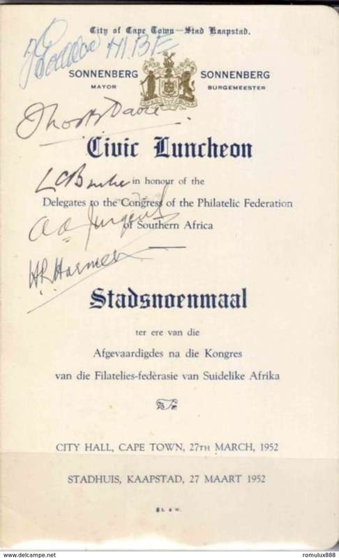 SOUTH AFRICA (1952 Congress) Menu for Civic Luncheon signed by delegates -SCARCE