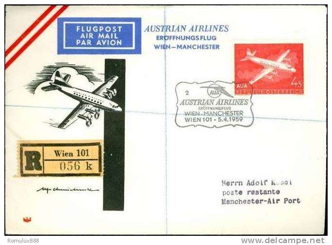AUA (AUSTRIAN AIRLINES) FIRST FLIGHT VIENNA-MANCHESTER REGISTERED 1959