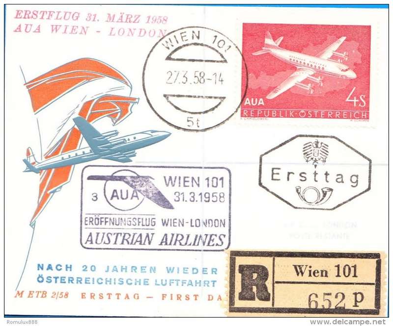 AUSTRIAN AIRLINES (AUA) 1958 FIRST FLIGHT AFTER 20 YEARS FROM VIENNA-LONDON CARD