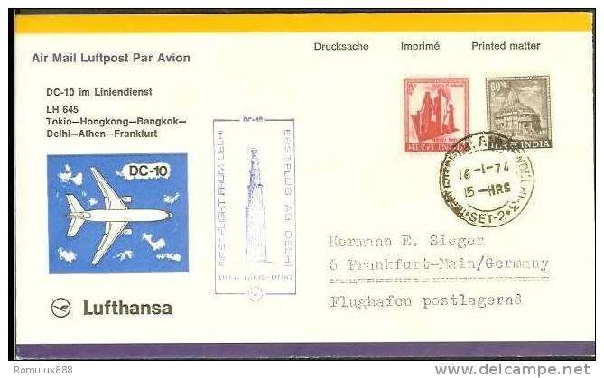 LUFTHANSA DC-10 FIRST FLIGHT COVER DELHI-FRANKFURT 1974