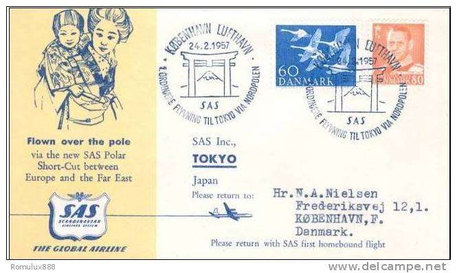 SAS FIRST FLIGHT COPENHAGEN- TOKYO -NORTH POLE SHORT CUT ROUTE 1957 WITH SCARCE INSERT