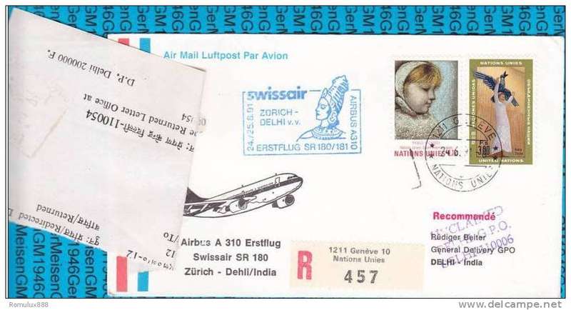 SWISS AIR AIRBUS 310A FIRST FLIGHT ZURICH-DEHLI REGISTERED (UNCLAIMED)1991