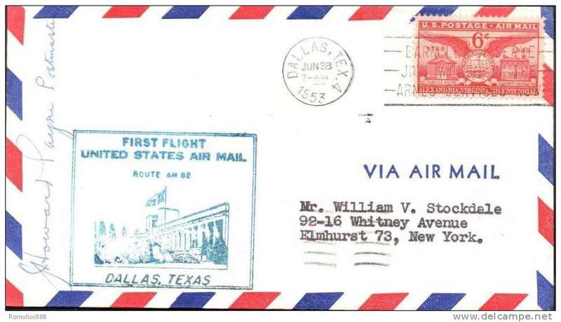 U.S AIR MAIL (ROUTE AM 82) FIRST FLIGHT DALLAS-MEMPHIS SIGNED BY POSTMASTER 1953