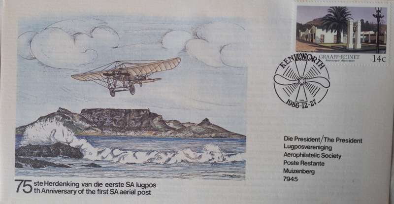 AVIATION 1986 75TH ANNIV 1ST SA AERIAL POST KENNILWORTH-MUIZEMBERG FLIGHT COVER 27/12/11