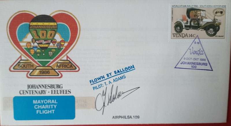AVIATION 1986 FLIGHT COVER JHB CENTENARY INTERNATIONAL HOT AIR BALLOON FESTIVAL SIGNED