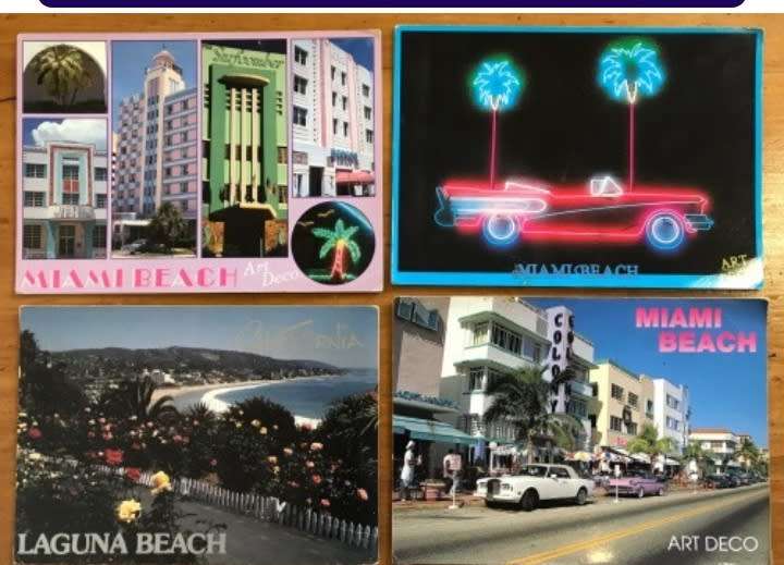 POSTCARDS x 4 POST CARDS MIAMI BEACH ART DECO LAGUNA BEACH CALIFORNIA FLORIDA USA HOTELS