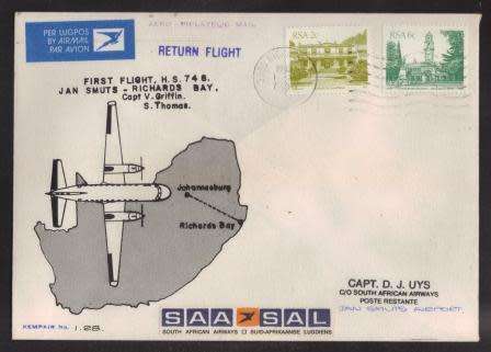 1982 KEMPAIR FLIGHT COVER #1.28 SAA FIRST FLIGHT RICHARDS BAY - JAN SMUTS