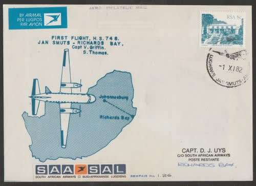 AVIATION 1982 KEMPAIR FLIGHT COVER #1.26 - FIRST SAA FLIGHT HS748 JAN SMUTS - RICHARDS BAY