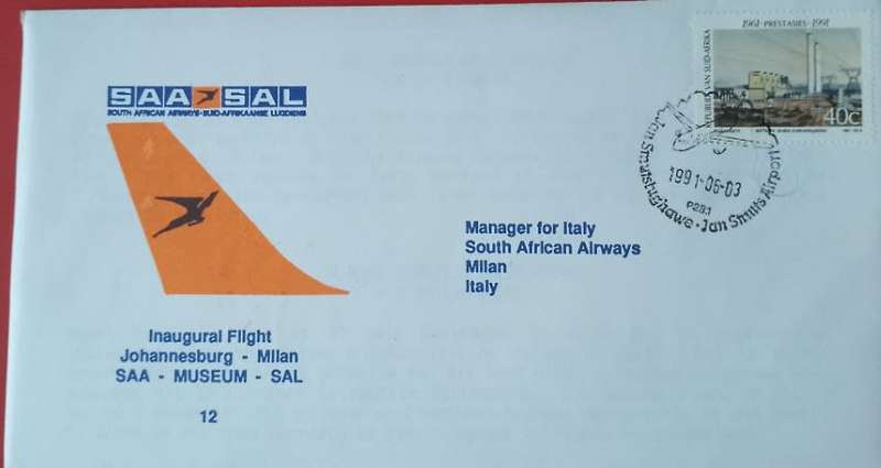 SAA MUSEUM FLIGHT COVER #12 JAN SMUTS AIRPORT-MILIAN.ITALY 1991 NOT OFTEN SEEN