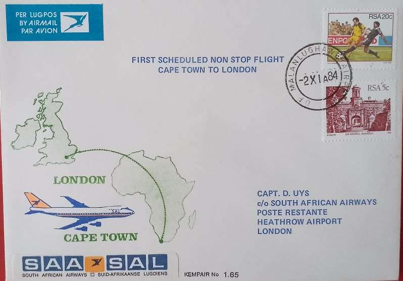 SAA FIRST NON STOP FLIGHT CAPETOWN-LONDON 1984