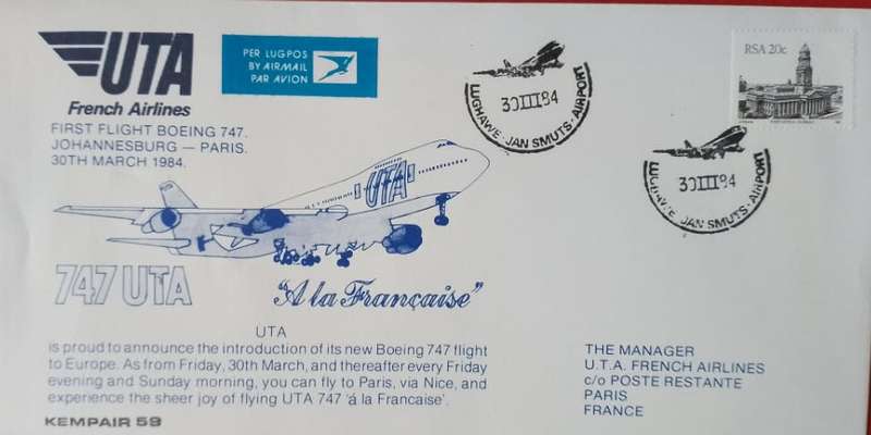 UAT FIRST BOEING 747 JHB-PARIS 1984