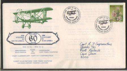 AVIATION 1980 FLIGHT COVER 60 YEARS AVIATION IN SA ADDRESSED TO CAPT RJ CASPAREUTHUS