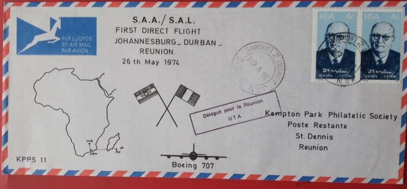 AVIATION 1974 KEMPAIR FLIGHT COVER #11 SAA 1ST FLIGHT JHB-DURBAN-REUNION