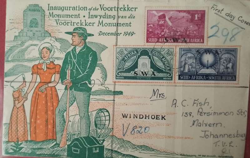 SWA 1949 VOORTREKKER MONUMENT FDC WITH SWA OVER PRINT STAMPS