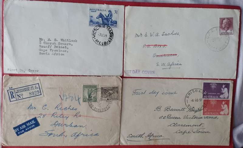AUSTRALIA FDCS PRIVATE ISSUE 1949/57 X4 SENT TO SOUTH AFRICA