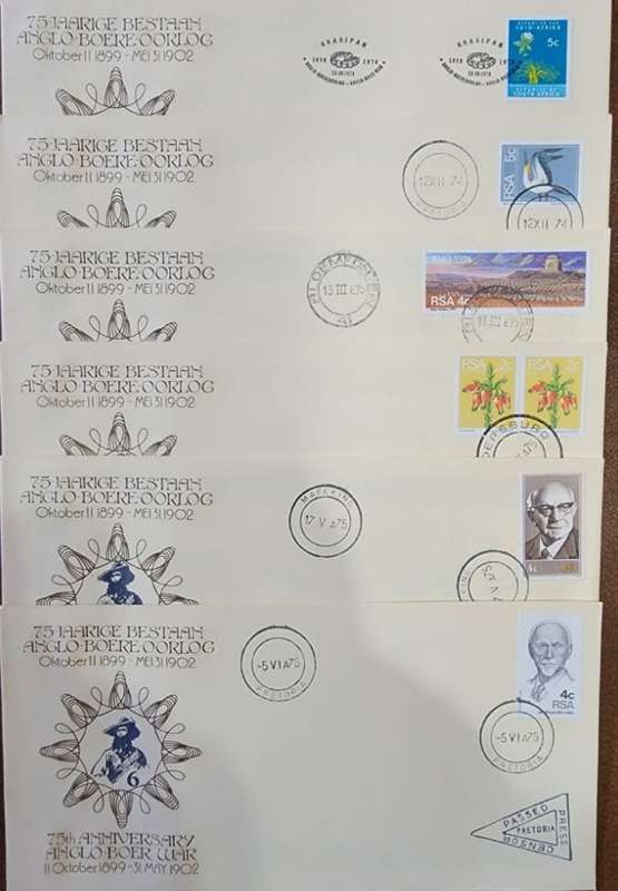 RSA SET OF 6 FDCS 1974  OF THE 75TH ANNIVERSARY OF ANGLO BOER WAR-SELDOM SEEN