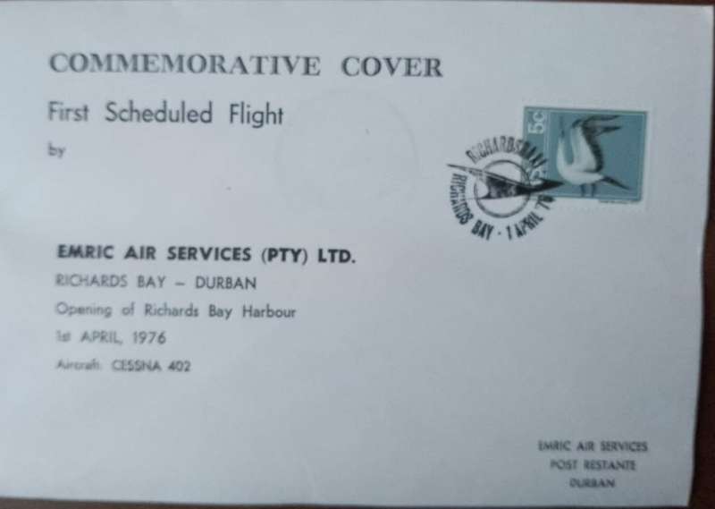 EMERIC AIR SERVICES FIRST FLIGHT RICHARDS BAY-DURBAN 1976