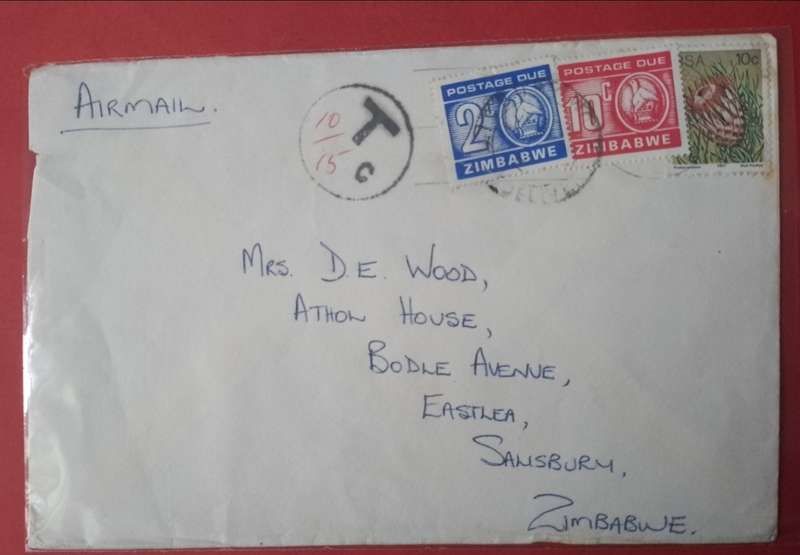 Rhodesia TAXED COVER 2/10cents FROM SOUTH AFRICA TO SAISBURY ZIMBABWE