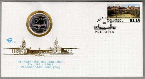 SOUTH AFRICA NELSON MANDELA INAUGURATION 1994 FDC WITH R5 COIN (SEALED) PARTIAL DOOR ? SEE SCAN