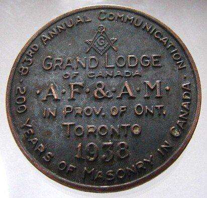 Canada over 70 years old 1938 A.F.A.M. Grand Lodge Toronto MASONRY MEDAL Badge