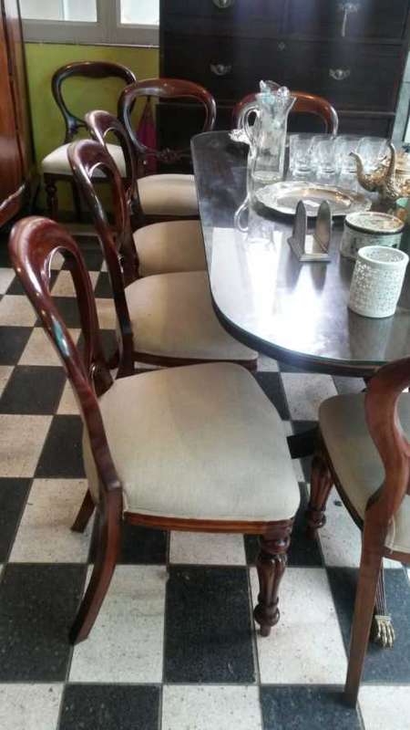 Set of 12 mahogany bustle back chairs upholstered