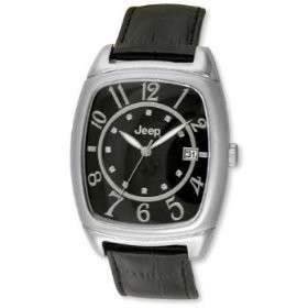 BRAND NEW MENS BLACK CALENDAR LEATHER JEEP WATCH WITH MINERAL CRYSTAL GLASS