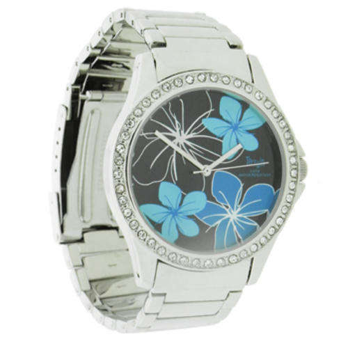 Brand New Ladies Silver Terrain watch with Black face, blue flower design - NO RESERVE - BARGAIN