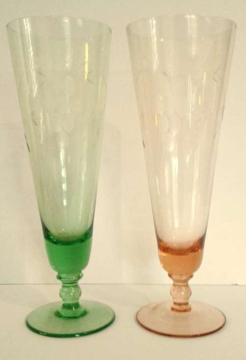 Two tall coloured glasses - etched