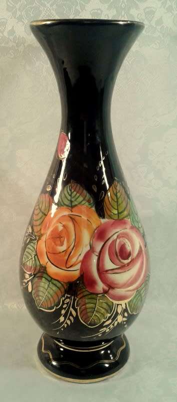 Hand painted vintage large vase.  Roses on a black background. (Painted by Rose B)
