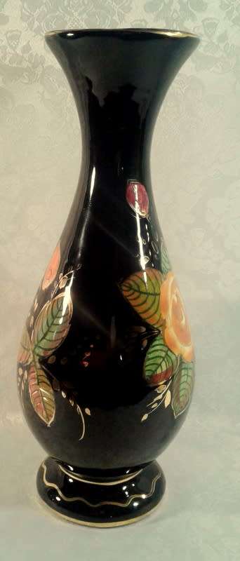 Hand painted vintage large vase.  Roses on a black background. (Painted by Rose B)