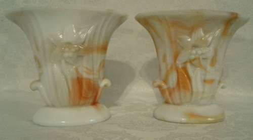 Two Vintage Akro Agate Vases - Marked 658 Orange and White Swirl Lily Design