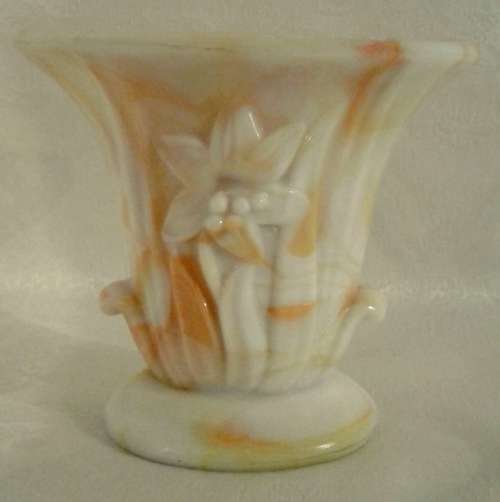 Two Vintage Akro Agate Vases - Marked 658 Orange and White Swirl Lily Design