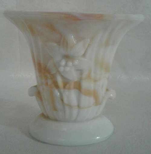 Two Vintage Akro Agate Vases - Marked 658 Orange and White Swirl Lily Design