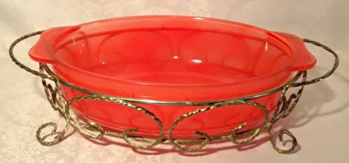Superb burnt orange / red colour Pyrex dish in brass stand