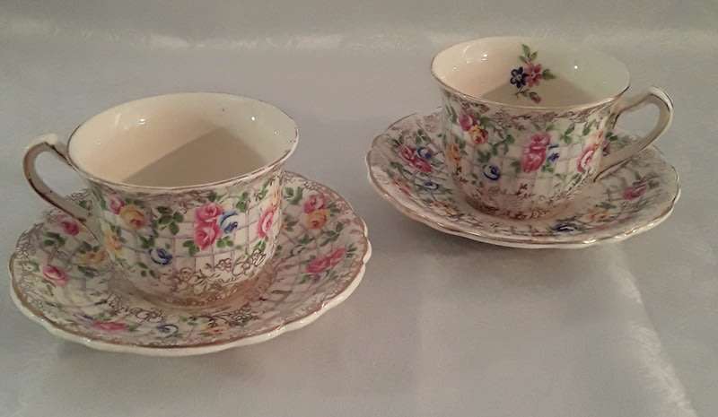 Two magnificent vintage James Kent Fenton Trellis Rose coffee cup sized duos