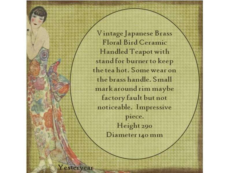 Vintage Japanese Brass Floral Bird Ceramic Handled Teapot with stand for burner