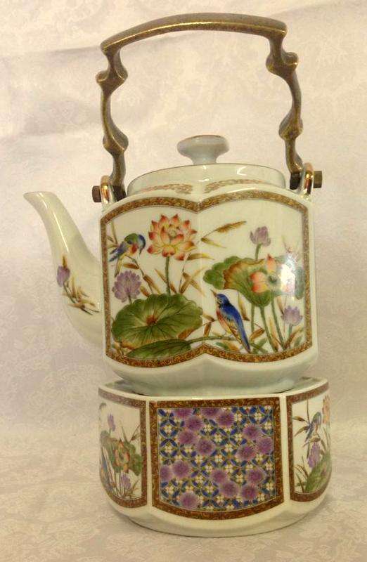 Vintage Japanese Brass Floral Bird Ceramic Handled Teapot with stand for burner