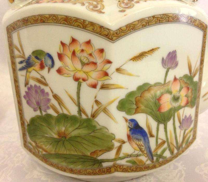 Vintage Japanese Brass Floral Bird Ceramic Handled Teapot with stand for burner