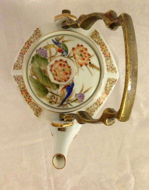 Vintage Japanese Brass Floral Bird Ceramic Handled Teapot with stand for burner