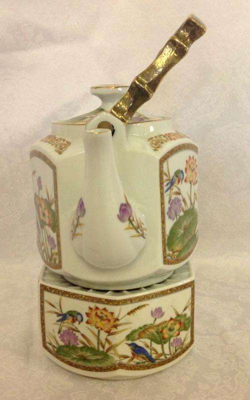 Vintage Japanese Brass Floral Bird Ceramic Handled Teapot with stand for burner