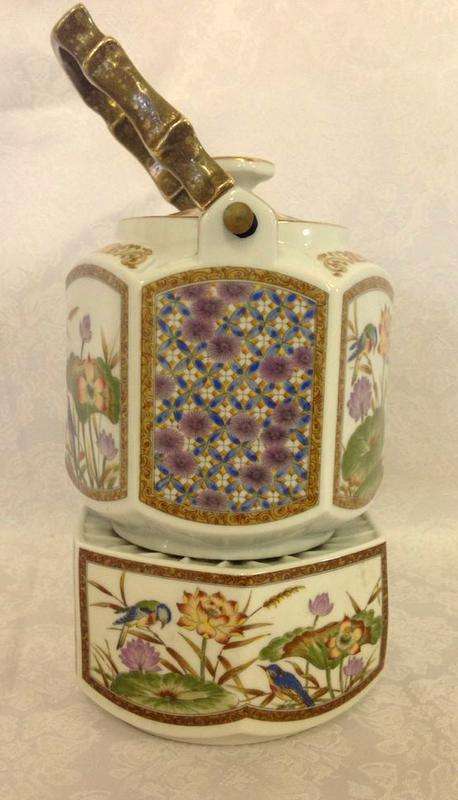 Vintage Japanese Brass Floral Bird Ceramic Handled Teapot with stand for burner